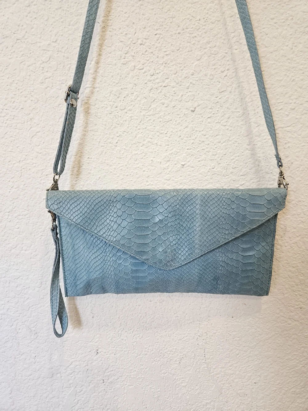 Genuine Italian Blue Python Leather Envelope Crossbody Bag Clutch Made in Italy